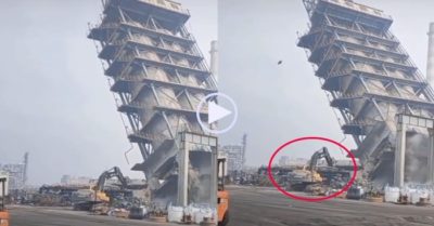 Video: Tài xế xe cẩu thoát nạn khi tòa nhà đổ sập bất ngờ dừng lại