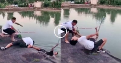 Video: Đi câu cá, ba thanh niên bị cá ‘câu lại’ suýt rơi xuống hồ