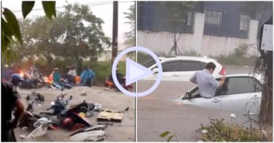 Clip: Mưa như trút, hàng loạt xe máy của công nhân bị nước cuốn trôi