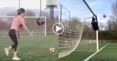 Video: Thanh niên đu xà ngang ‘rụng như mít’ sau cú sút bóng của cô gái