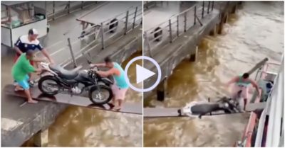 Video: Dắt xe máy qua tấm ván mỏng, người đàn ông làm rơi xe xuống sông