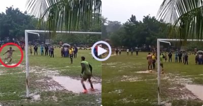 Video: Vũng nước ngăn cản cầu thủ sút penalty