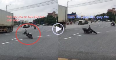 Video: Xe máy ‘biểu diễn’ quay tròn giữa đường đông phương tiện qua lại
