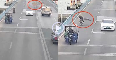 Video: Tấm ván bất ngờ bay khỏi xe tải, đập trúng đầu người đàn ông đi xe máy
