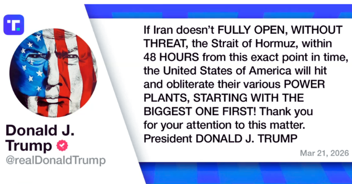 Iran: Tổng thống Trump ra tối hậu thư đe dọa đánh sập mạng lưới điện