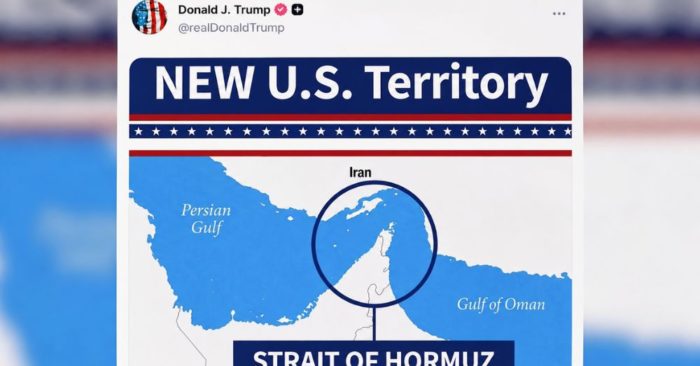 Ông Trump đăng bản đồ eo biển Hormuz với dòng chữ “lãnh thổ mới của Mỹ”, trong bối cảnh căng thẳng với Iran tiếp diễn.