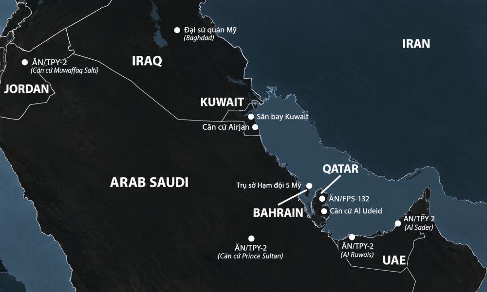 Bản đồ cho thấy các vị trí radar Mỹ và đồng minh tại Trung Đông bị Iran tập kích trong 3 tuần đầu xung đột.